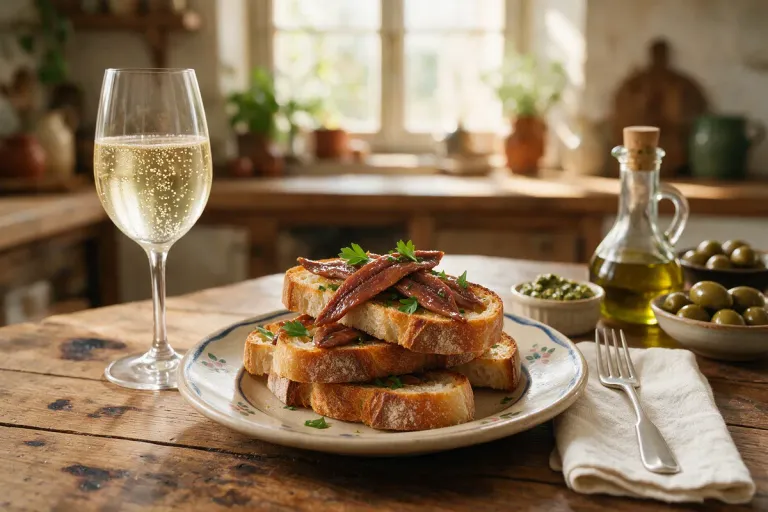 Anchovies on toasted bread with a glass of pale sparkling white wine on a rustic table