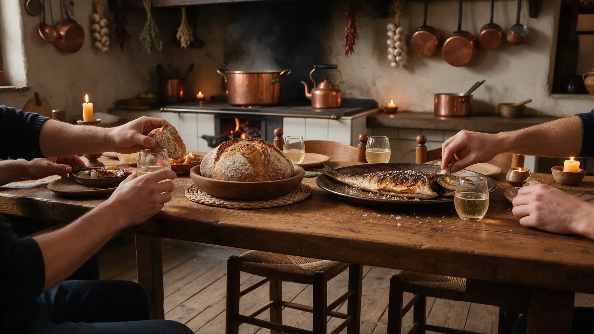 A long shared table with grilled fish and cider