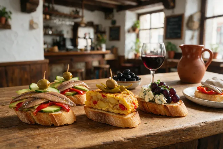 Pintxos on a wooden counter