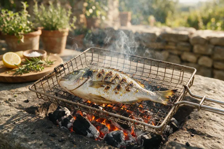A whole fish grilling over charcoal