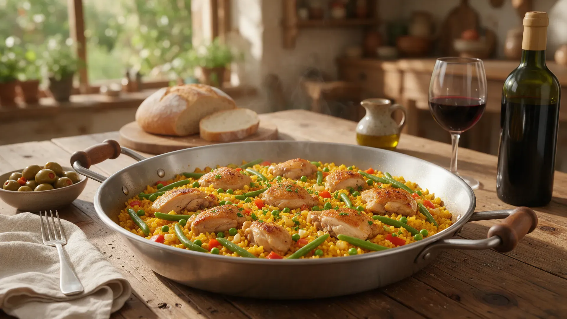 A wide paella pan of saffron rice with chicken and green beans on a wooden table