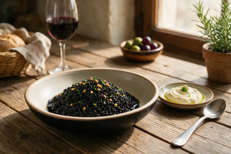 A bowl of black rice with squid ink and a dish of alioli