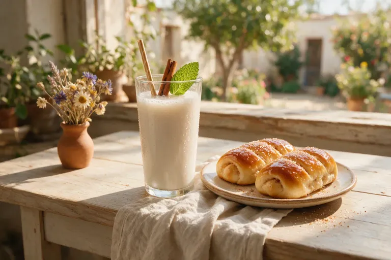 A glass of cold tiger-nut horchata with long glazed buns