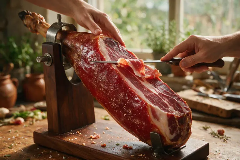 Thin slices of cured ham being carved from a leg on a ham stand