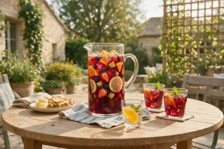 A pitcher of red sangria with citrus slices on an outdoor patio table