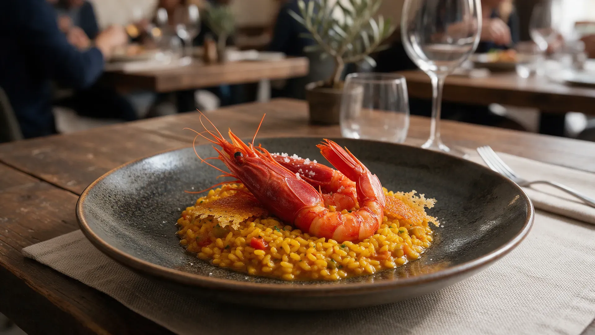A tasting-menu rice dish with red prawns