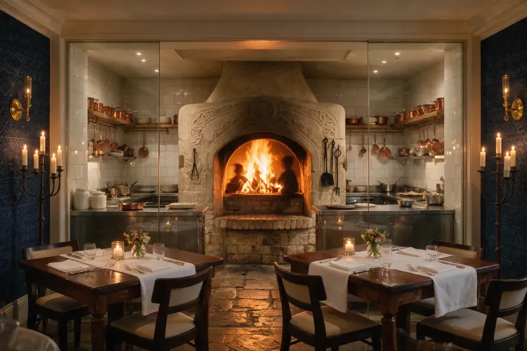 A wood-fire kitchen behind glass